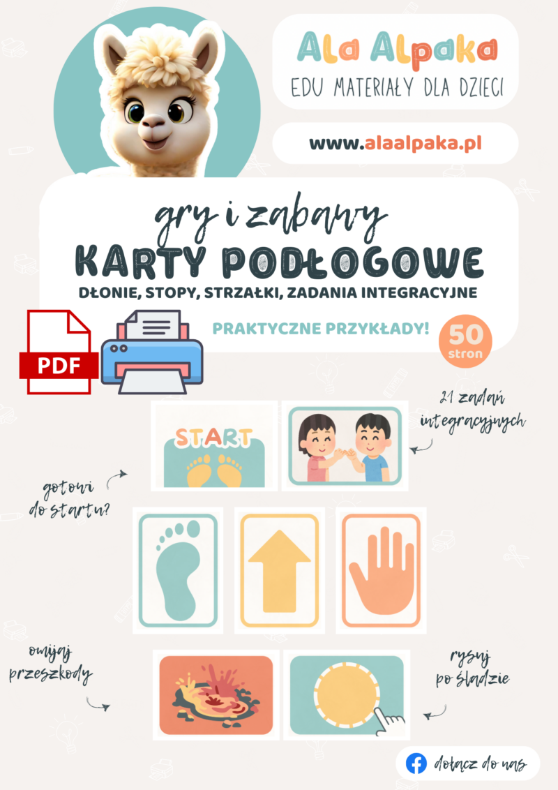 gry i zabawy KARTY PODŁOGOWE dłonie stopy strzałki zadania integracyjne Ala Alpaka EDU materiały dla dzieci