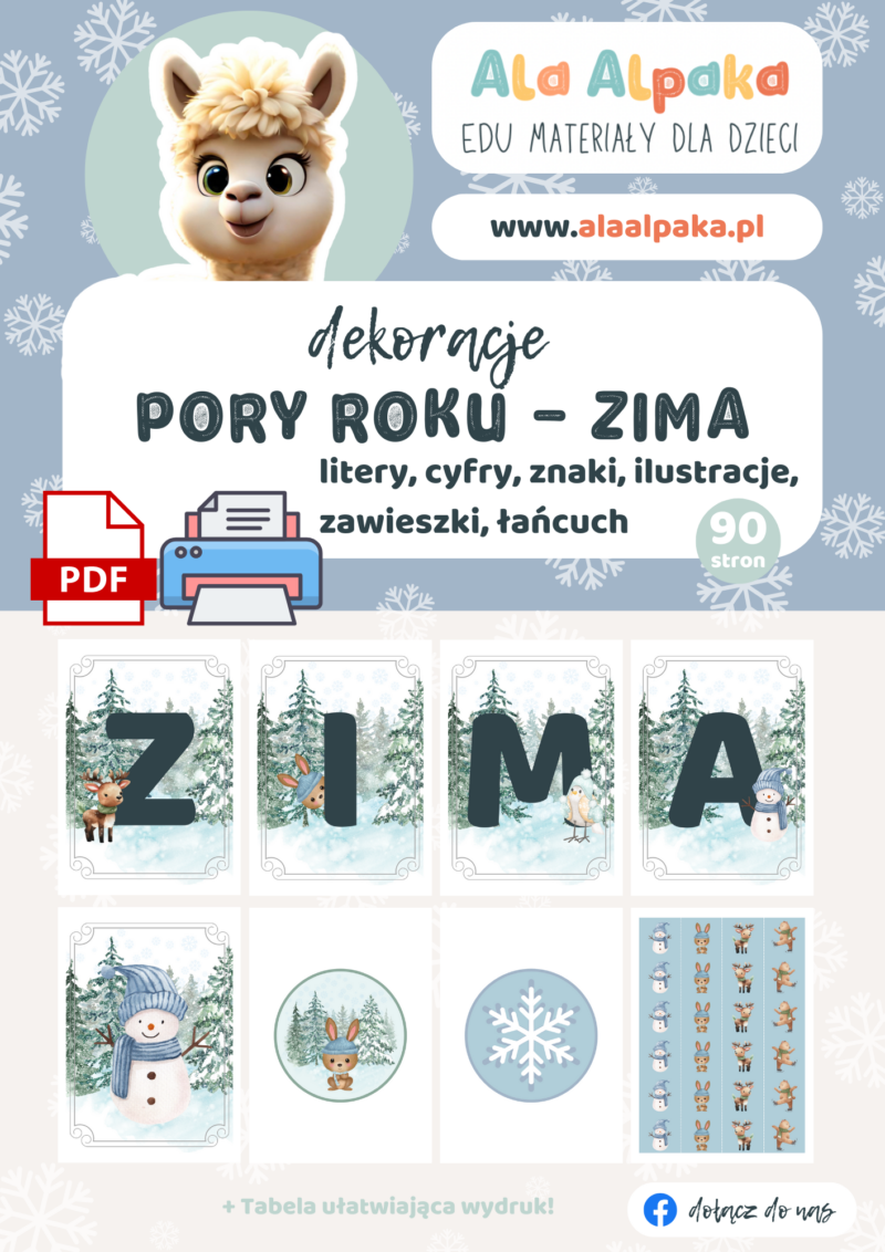 dekoracje PORY ROKU - ZIMA litery, cyfry, znaki, ilustracje, zawieszki, łańcuch