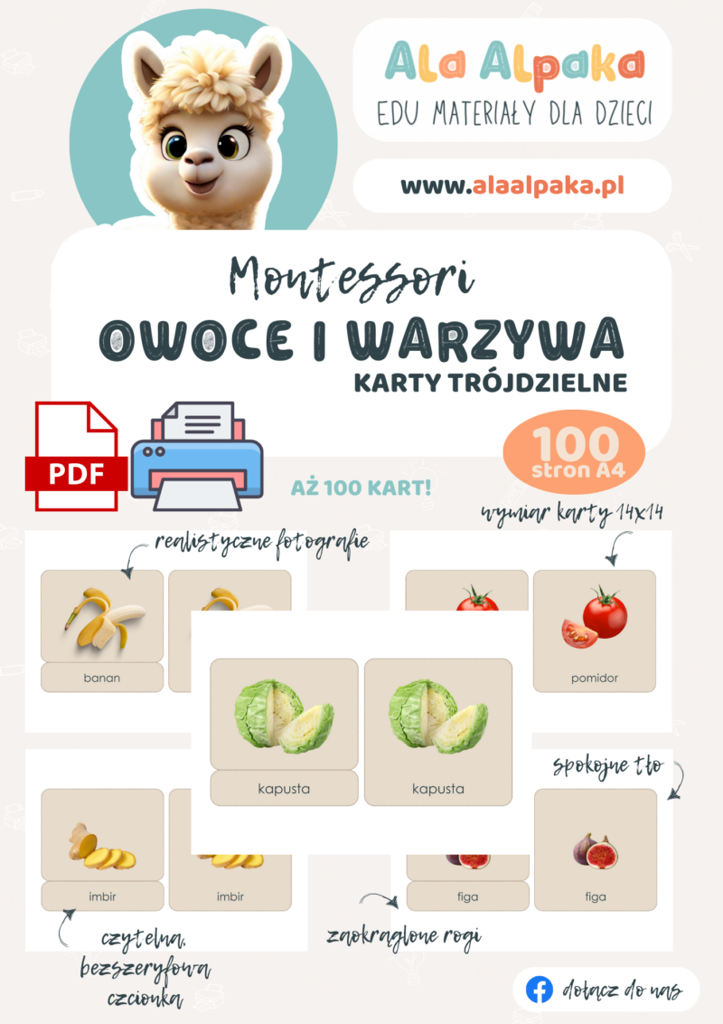 Karty trójdzielne MONTESSORI - OWOCE I WARZYWA beżowe tło