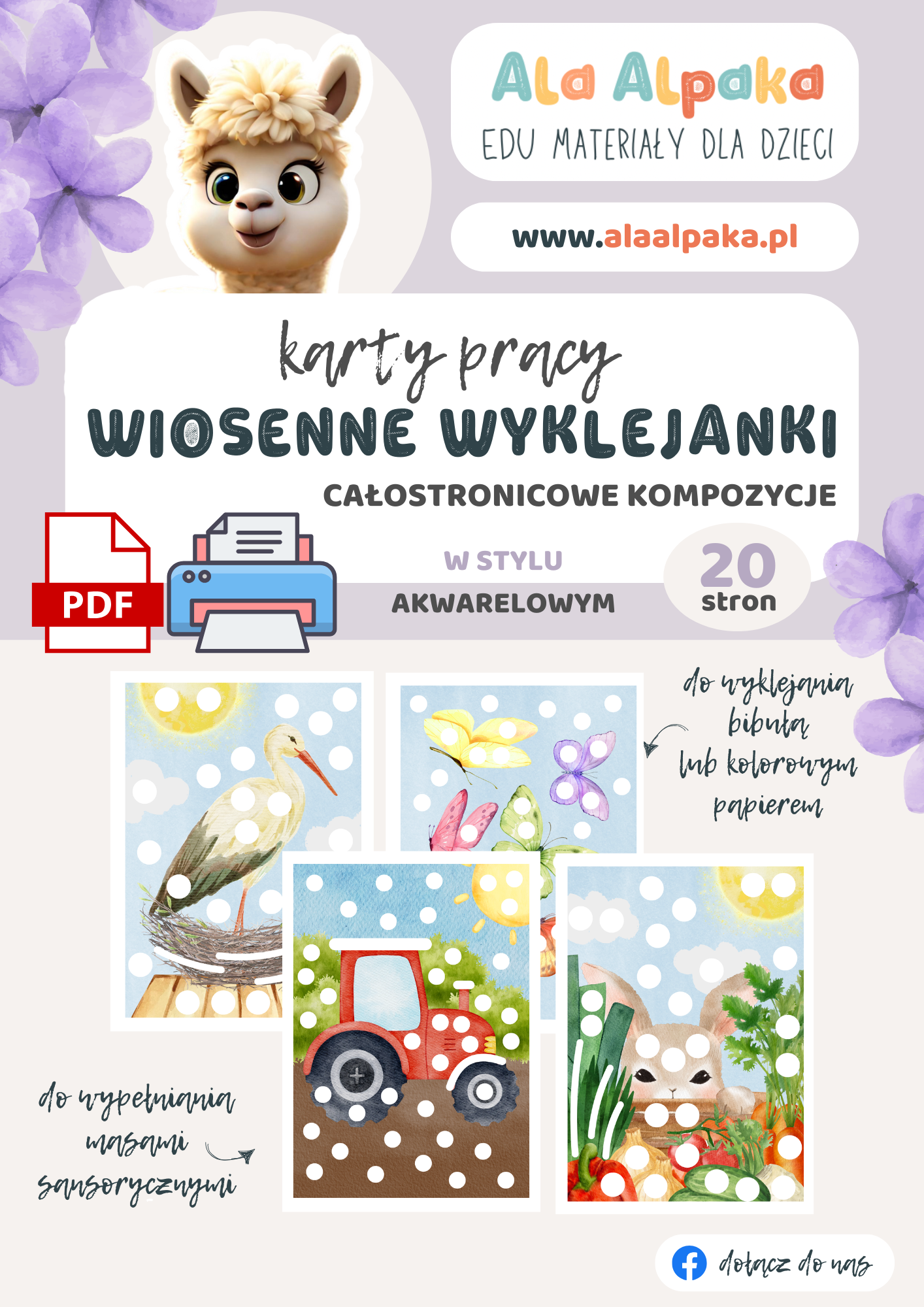 okladka karty pracy WIOSENNE WYKLEJANKI całostronicowe kompozycje w stylu akwarelowym Ala Alpaka EDU materiały dla dzieci