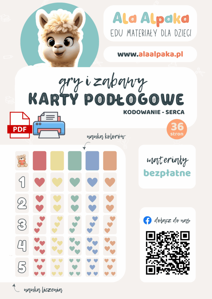 Karty Podłogowe kodowanie kolorowe serca zabawy na dywanie