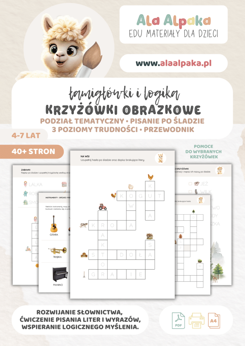 Krzyżówki obrazkowe dla dzieci 4–7 lat – 3 poziomy krok po kroku